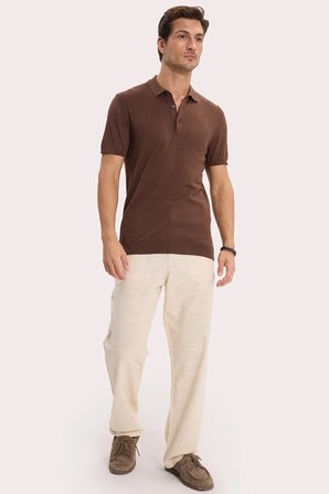 Erkek Slim Fit Dar Kesim Pamuklu Örme Triko Kahverengi Polo Yaka Tişört