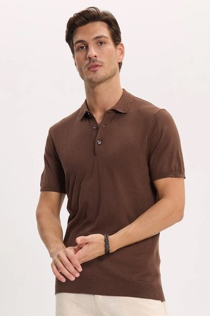 Erkek Slim Fit Dar Kesim Pamuklu Örme Triko Kahverengi Polo Yaka Tişört