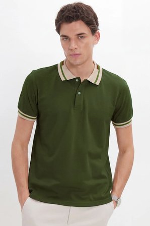Erkek Slim Fit Dar Kesim %100 Pamuk Düz Pike Yaka ve Kol Detaylı Haki Polo Yaka Tişört