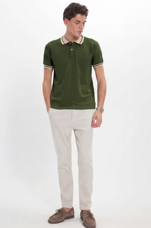 Erkek Slim Fit Dar Kesim %100 Pamuk Düz Pike Yaka ve Kol Detaylı Haki Polo Yaka Tişört