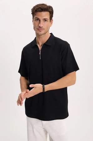 Erkek Regular Fit Rahat Kesim Ekstra Soft Modal Kumaş Kısa Kollu Yarım Fermuarlı Siyah Polo Yaka Tişört