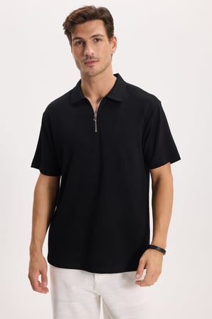 Erkek Regular Fit Rahat Kesim Ekstra Soft Modal Kumaş Kısa Kollu Yarım Fermuarlı Siyah Polo Yaka Tişört