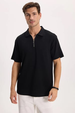 Erkek Regular Fit Rahat Kesim Ekstra Soft Modal Kumaş Kısa Kollu Yarım Fermuarlı Siyah Polo Yaka Tişört
