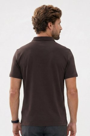 Erkek Slım Fit Dar Kesim Soft Modal Kumaş Kısa Kollu Yarım Fermuarlı Kahverengi Polo Yaka Tişört