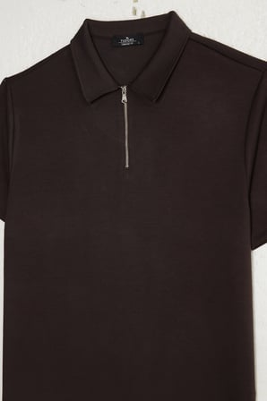 Erkek Slım Fit Dar Kesim Soft Modal Kumaş Kısa Kollu Yarım Fermuarlı Kahverengi Polo Yaka Tişört
