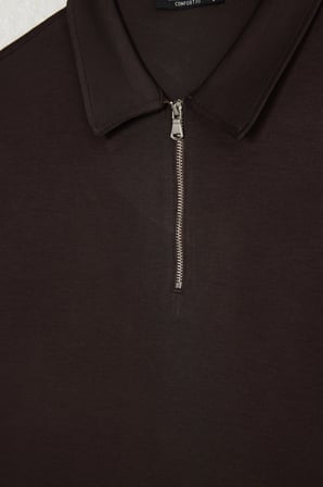 Erkek Slım Fit Dar Kesim Soft Modal Kumaş Kısa Kollu Yarım Fermuarlı Kahverengi Polo Yaka Tişört