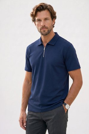 Erkek Slım Fit Dar Kesim Ekstra Soft Modal Kumaş Kısa Kollu Yarım Fermuarlı Lacivert Polo Yaka Tişört