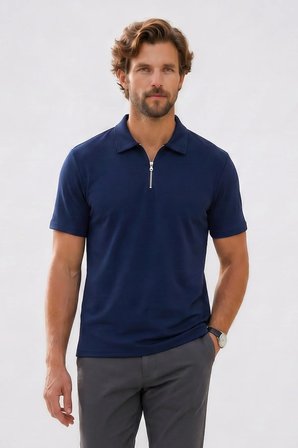 Erkek Slım Fit Dar Kesim Ekstra Soft Modal Kumaş Kısa Kollu Yarım Fermuarlı Lacivert Polo Yaka Tişört
