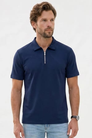 Erkek Slım Fit Dar Kesim Ekstra Soft Modal Kumaş Kısa Kollu Yarım Fermuarlı Lacivert Polo Yaka Tişört