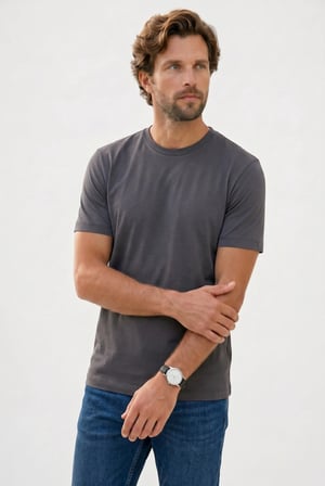Erkek Regular Fit Klasik Kesim Ekstra Soft Modal Kumaş Bisiklet Yaka Kısa Kollu Gri Tişört
