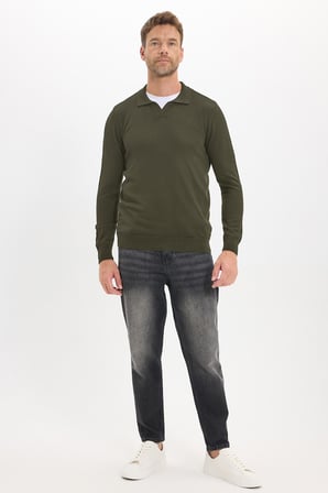 Erkek Standart Fit Normal Kesim Polo V Yaka Yeşil Triko Kazak