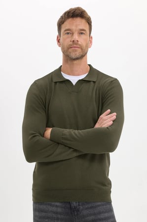 Erkek Standart Fit Normal Kesim Polo V Yaka Yeşil Triko Kazak