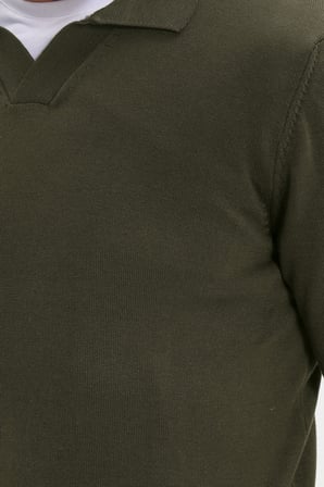 Erkek Standart Fit Normal Kesim Polo V Yaka Yeşil Triko Kazak