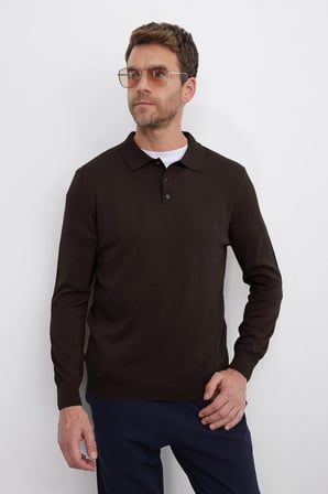 Erkek Standart Fit Normal Kesim Pamuklu Polo Yaka Kahverengi Kazak