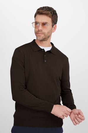 Erkek Standart Fit Normal Kesim Pamuklu Polo Yaka Kahverengi Kazak