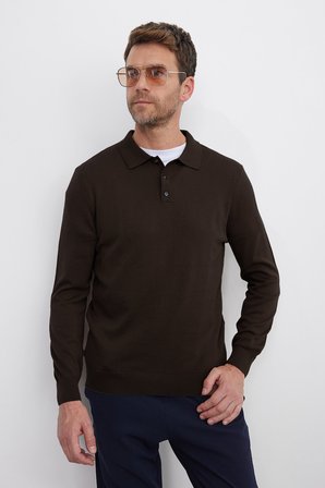 Erkek Standart Fit Normal Kesim Pamuklu Polo Yaka Kahverengi Kazak
