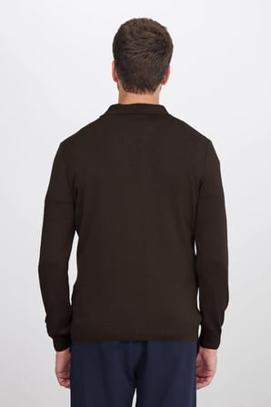 Erkek Standart Fit Normal Kesim Pamuklu Polo Yaka Kahverengi Kazak