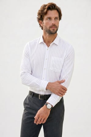 Erkek Relax Fit Rahat Kesim Çizgili Cepli Müslin Kumaş Keten Dokulu Nefes Alan Uzun Kol Beyaz Gömlek