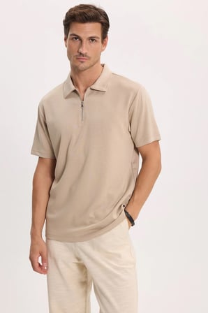 Erkek Regular Fit Rahat Kesim Ekstra Soft Modal Kumaş Kısa Kollu Yarım Fermuarlı Bej Polo Yaka Tişört