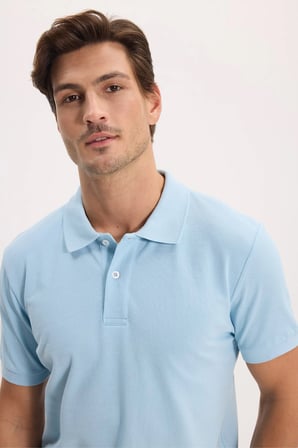 Erkek Slim Fit Dar Kesim %100 Pamuk Kısa Kollu Polo Yaka Mavi Tişört