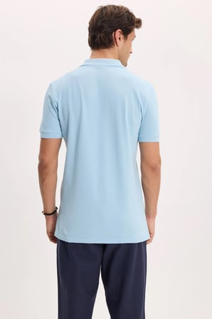 Erkek Slim Fit Dar Kesim %100 Pamuk Kısa Kollu Polo Yaka Mavi Tişört