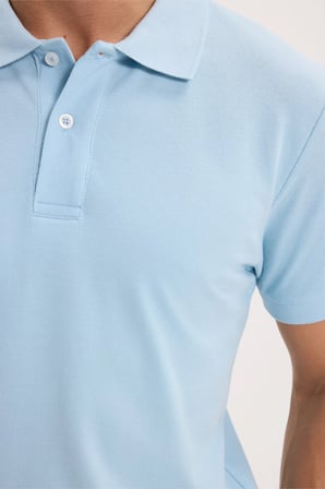 Erkek Slim Fit Dar Kesim %100 Pamuk Kısa Kollu Polo Yaka Mavi Tişört
