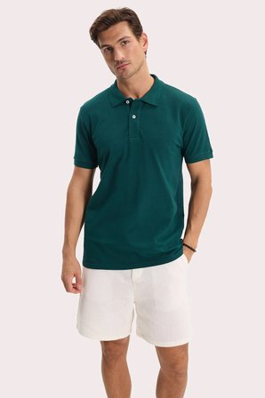 Erkek Slim Fit Dar Kesim %100 Pamuk Kısa Kollu Polo Yaka Yeşil Tişört