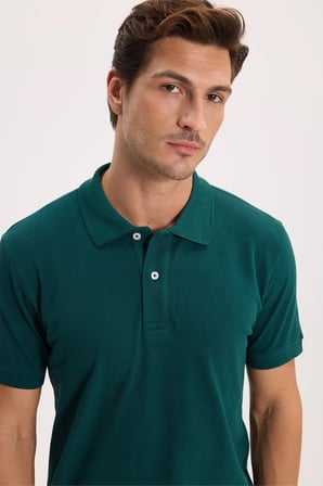 Erkek Slim Fit Dar Kesim %100 Pamuk Kısa Kollu Polo Yaka Yeşil Tişört