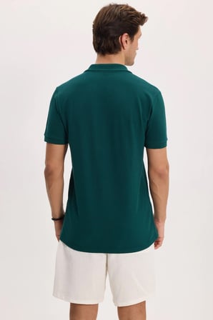 Erkek Slim Fit Dar Kesim %100 Pamuk Kısa Kollu Polo Yaka Yeşil Tişört