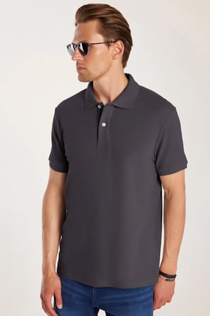 Erkek Slim Fit Dar Kesim %100 Pamuk Kısa Kollu Polo Yaka Antrasit Tişört