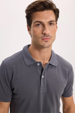 Erkek Slim Fit Dar Kesim %100 Pamuk Kısa Kollu Polo Yaka Antrasit Tişört