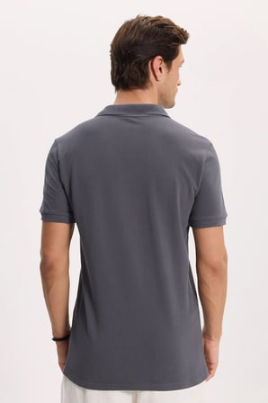 Erkek Slim Fit Dar Kesim %100 Pamuk Kısa Kollu Polo Yaka Antrasit Tişört