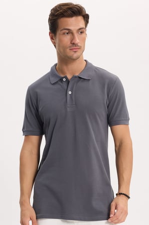 Erkek Slim Fit Dar Kesim %100 Pamuk Kısa Kollu Polo Yaka Antrasit Tişört