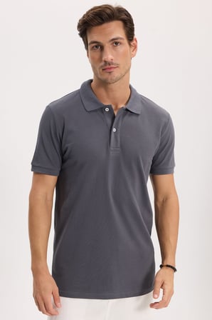 Erkek Slim Fit Dar Kesim %100 Pamuk Kısa Kollu Polo Yaka Antrasit Tişört
