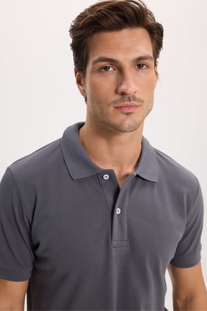 Erkek Slim Fit Dar Kesim %100 Pamuk Kısa Kollu Polo Yaka Antrasit Tişört