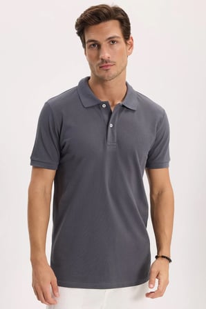 Erkek Slim Fit Dar Kesim %100 Pamuk Kısa Kollu Polo Yaka Antrasit Tişört