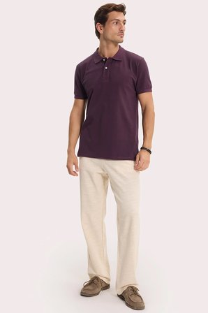 Erkek Slim Fit Dar Kesim %100 Pamuk Kısa Kollu Polo Yaka Mor Tişört