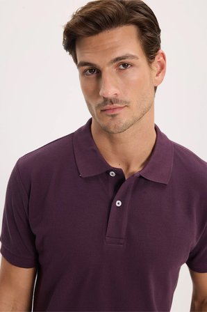 Erkek Slim Fit Dar Kesim %100 Pamuk Kısa Kollu Polo Yaka Mor Tişört