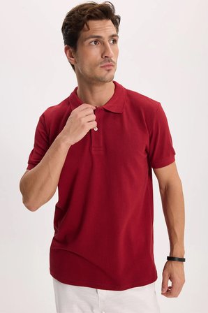 Erkek Slim Fit Dar Kesim %100 Pamuk Kısa Kollu Polo Yaka Bordo Tişört