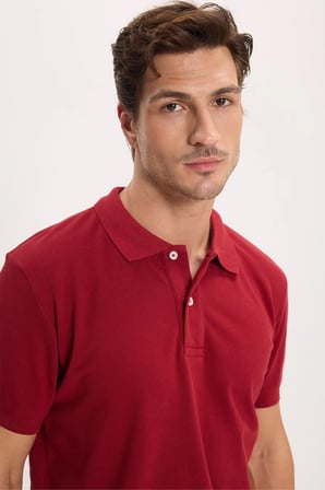 Erkek Slim Fit Dar Kesim %100 Pamuk Kısa Kollu Polo Yaka Bordo Tişört
