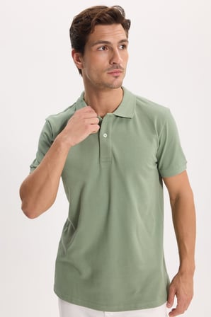 Erkek Slim Fit Dar Kesim %100 Pamuk Kısa Kollu Polo Yaka Yeşil Tişört