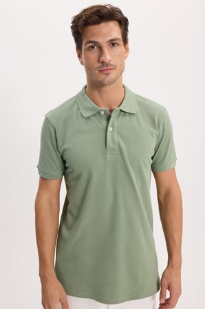 Erkek Slim Fit Dar Kesim %100 Pamuk Kısa Kollu Polo Yaka Yeşil Tişört