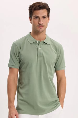 Erkek Slim Fit Dar Kesim %100 Pamuk Kısa Kollu Polo Yaka Yeşil Tişört
