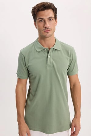 Erkek Slim Fit Dar Kesim %100 Pamuk Kısa Kollu Polo Yaka Yeşil Tişört