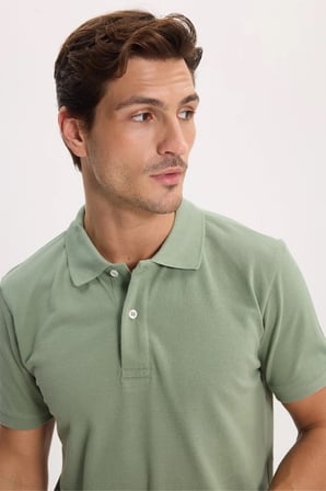 Erkek Slim Fit Dar Kesim %100 Pamuk Kısa Kollu Polo Yaka Yeşil Tişört
