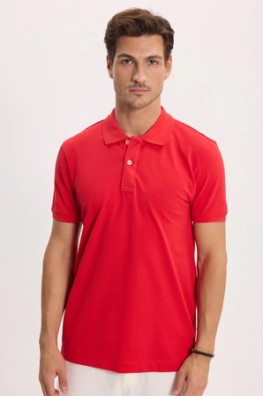 Erkek Slim Fit Dar Kesim %100 Pamuk Kısa Kollu Polo Yaka Kırmızı Tişört