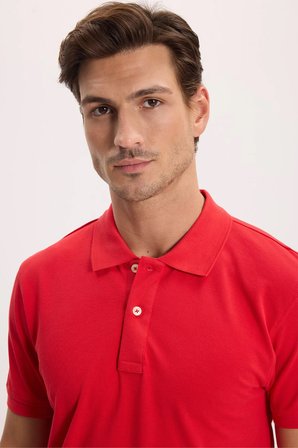 Erkek Slim Fit Dar Kesim %100 Pamuk Kısa Kollu Polo Yaka Kırmızı Tişört