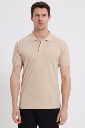 Erkek Slim Fit Dar Kesim %100 Pamuk Kısa Kollu Polo Yaka Ekru Tişört