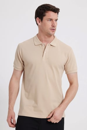 Erkek Slim Fit Dar Kesim %100 Pamuk Kısa Kollu Polo Yaka Ekru Tişört