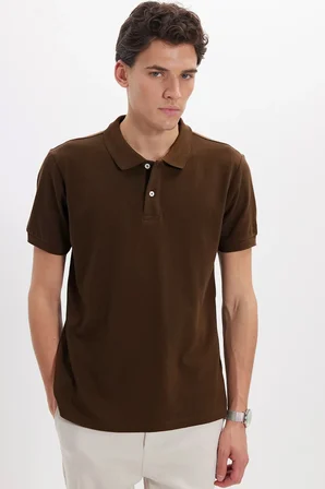 Erkek Slim Fit Dar Kesim %100 Pamuk Kısa Kollu Polo Yaka Kahverengi Tişört